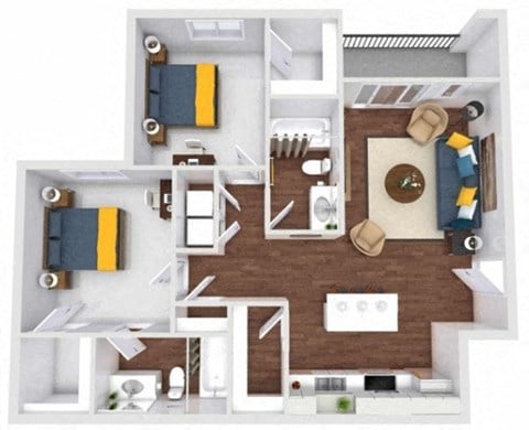 Floor plan for 2 beds, 2 baths, 1048 sqft